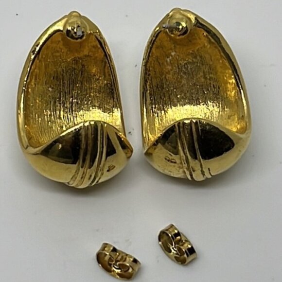 Vintage Gold Tone and Cream Enamel with Thermoset Cabochon Pierced Earrings - Picture 8 of 8